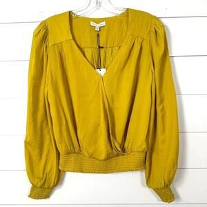 NEW Maison d'Amelie Women's Long Ruched Sleeves V-Neck Blouse Top Yellow XS